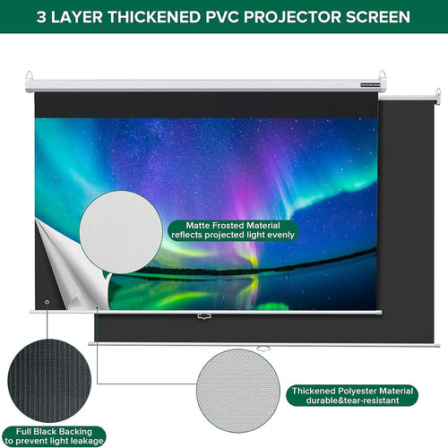 100 Inch Projector Screen Pull Down, 3 Layers PVC Auto-Locking Manual Pull down Projector Screen Retractable, 16:9 Portable Screen Indoor Outdoor - Home Theater Office Education