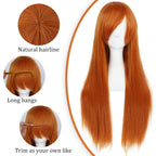 Hair Cap+32 In/ 80 Cm Long Straight Orange Wig with Bangs Synthetic Hair Peluca Naranja Cosplay Wigs for Anime Cosplay Wig Long Ginger Wigs with Bangs for Halloween Women Ginger Costume Wigs