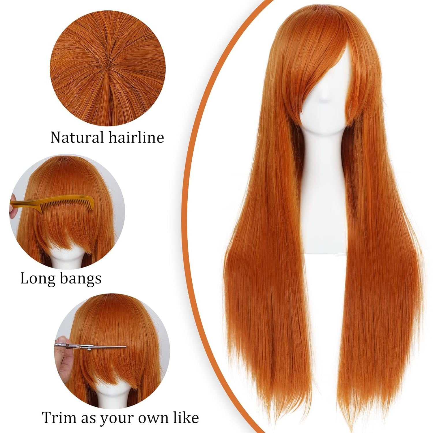 Hair Cap+32 In/ 80 Cm Long Straight Orange Wig with Bangs Synthetic Hair Peluca Naranja Cosplay Wigs for Anime Cosplay Wig Long Ginger Wigs with Bangs for Halloween Women Ginger Costume Wigs