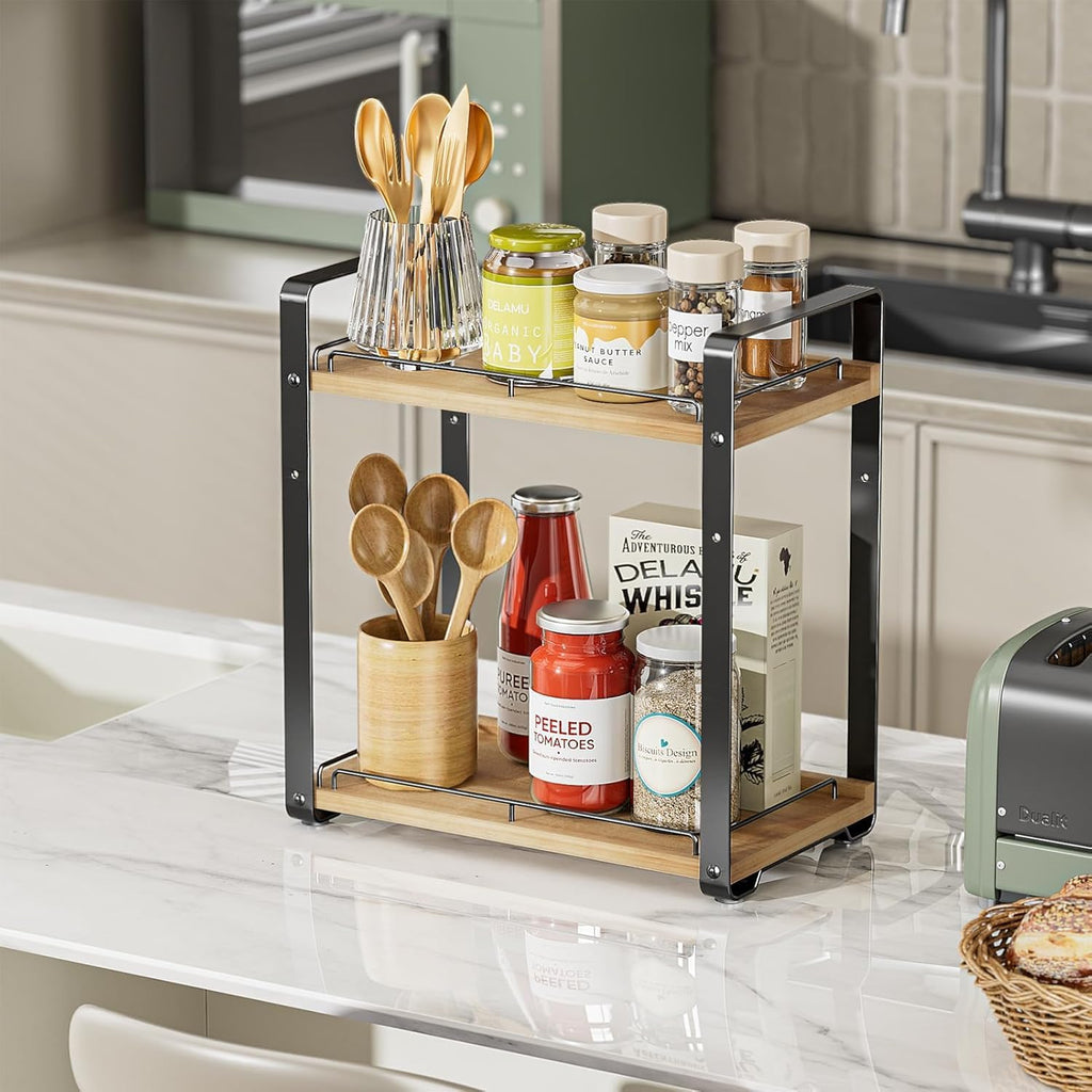 2-Tier Bathroom Counter Organizer, Wood Vanity Organizer Countertop for Skincare & Makeup, Multi-Purpose Vanity Bathroom Shelf for Coffee Station Kitchen Storage and Organization