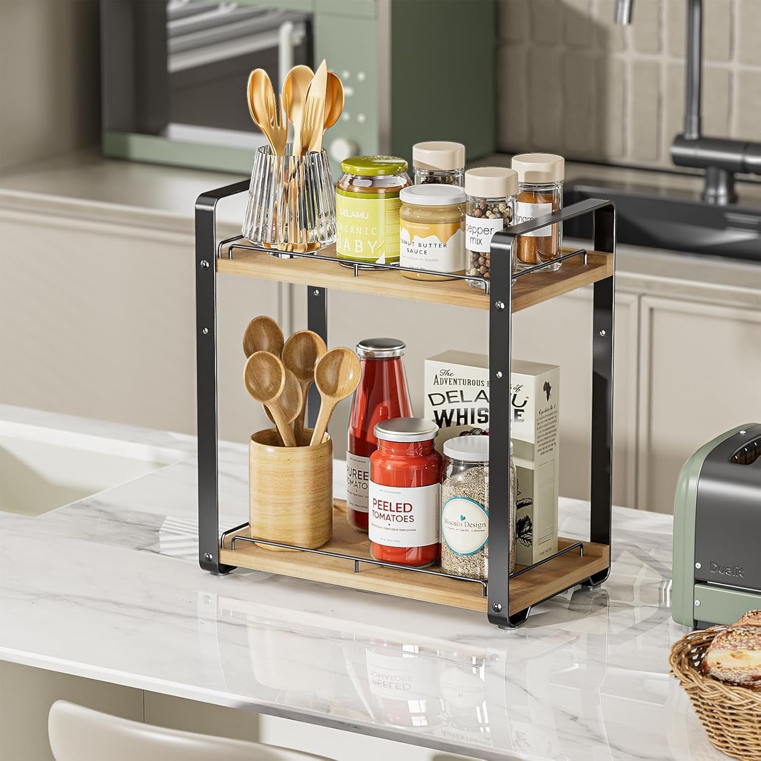 2-Tier Bathroom Counter Organizer, Wood Vanity Organizer Countertop for Skincare & Makeup, Multi-Purpose Vanity Bathroom Shelf for Coffee Station Kitchen Storage and Organization