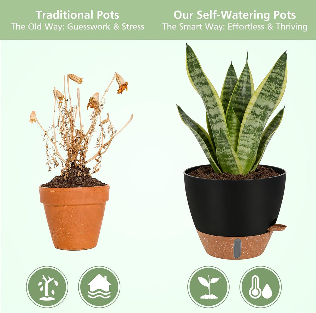Self Watering Pots with Water Level Indicator, 12" 10" 9" 8" Large Plastic Flower Pots with Mesh Drainage Hole and Removable Saucer Reservoir for Indoor Outdoor Plants 4Pcs （Black
