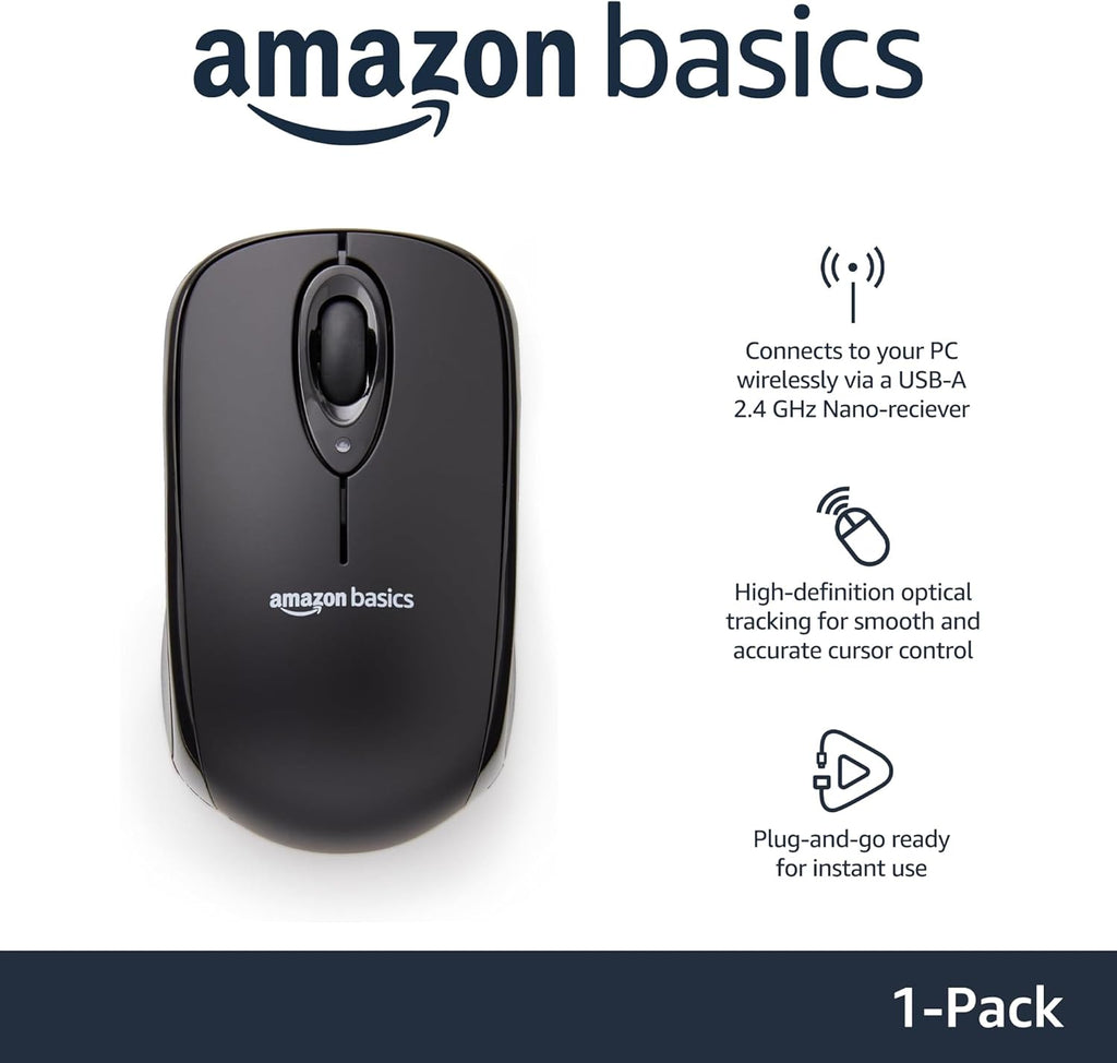 2.4 Ghz Wireless Optical Computer Mouse with USB Nano Receiver, Portable, No Wires, Smooth Tracking, Multi-Device Compatibility, Black