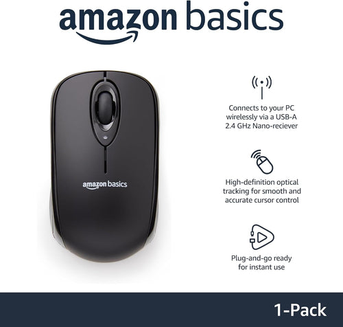 2.4 Ghz Wireless Optical Computer Mouse with USB Nano Receiver, Portable, No Wires, Smooth Tracking, Multi-Device Compatibility, Black