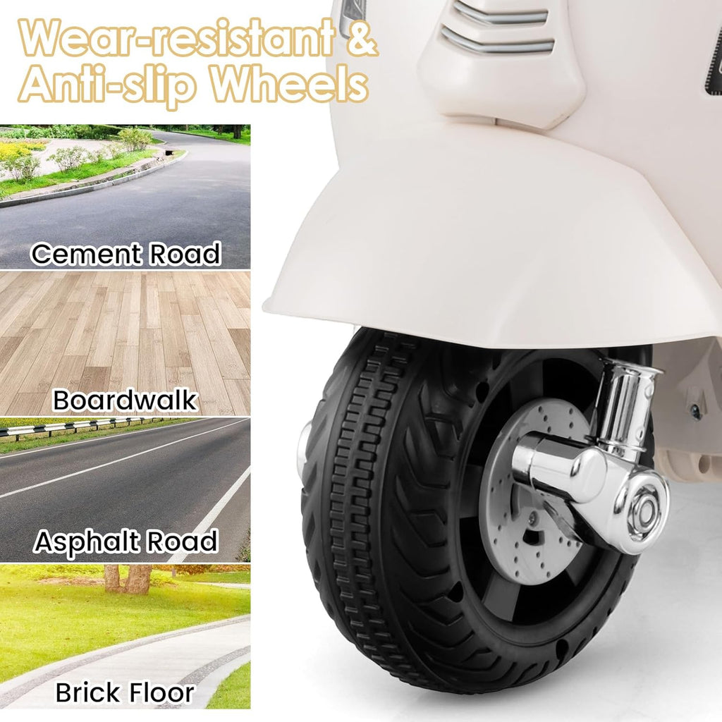 Licensed Vespa Scooter Kids Motorcycle by , 6V Ride on Electric Motorcycle with Training Wheels, Headlight, Battery Powered 3 Wheels Toy Gift with LED Headlight Horn for Boys Girls (White)