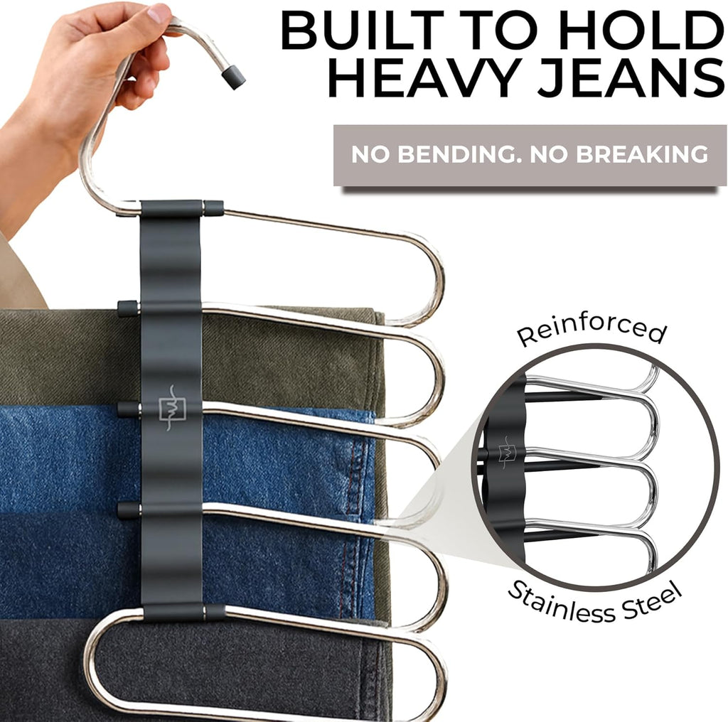 Pants Hangers Space Saving - 2 Pack - Non-Slip Multi-Layer Space Saving Hangers - Multifunctional Clothing Rack for Closet Storage - Ideal for Jeans, Trousers, Skirts, Scarves & Slacks (Black)