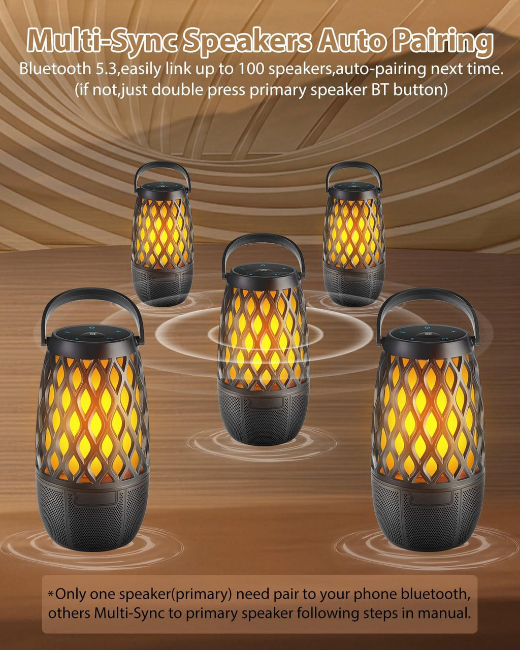 Outdoor Bluetooth Speakers Waterproof Wireless Outdoor Speakers with Flame Lights, Tech Gadgets Gift for Men Dad Her, Multi-Sync up to 100 Speakers, HD Stereo Sound, IPX5 for Patio Porch Party