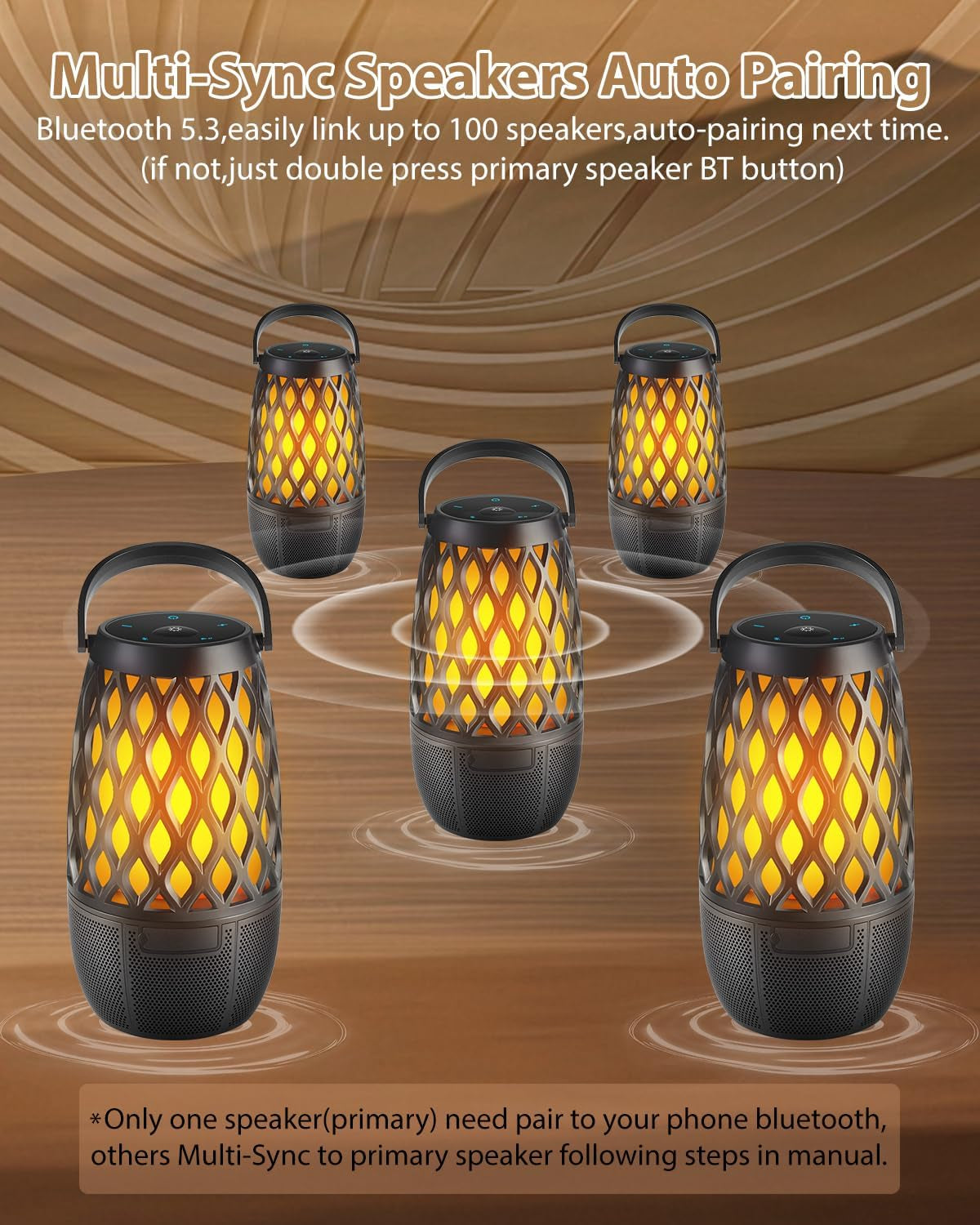 Outdoor Bluetooth Speakers Waterproof Wireless Outdoor Speakers with Flame Lights, Tech Gadgets Gift for Men Dad Her, Multi-Sync up to 100 Speakers, HD Stereo Sound, IPX5 for Patio Porch Party
