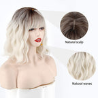Short Platinum Blonde Wavy Wig with Bangs,Dark Roots Short White Blonde Wig for Women,Middle Part Cosplay Blonde Wigs Natural Looking for Daily Use