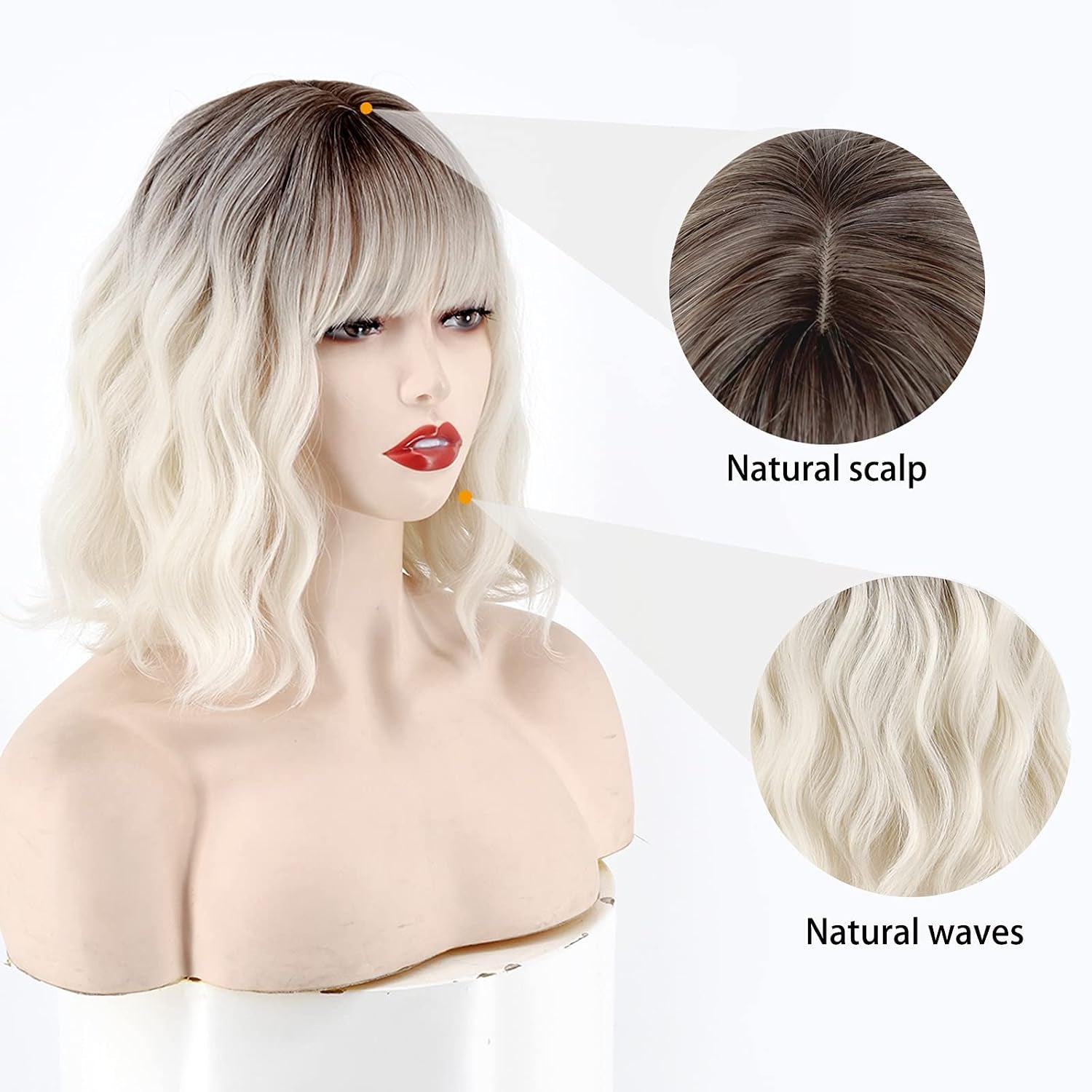 Short Platinum Blonde Wavy Wig with Bangs,Dark Roots Short White Blonde Wig for Women,Middle Part Cosplay Blonde Wigs Natural Looking for Daily Use