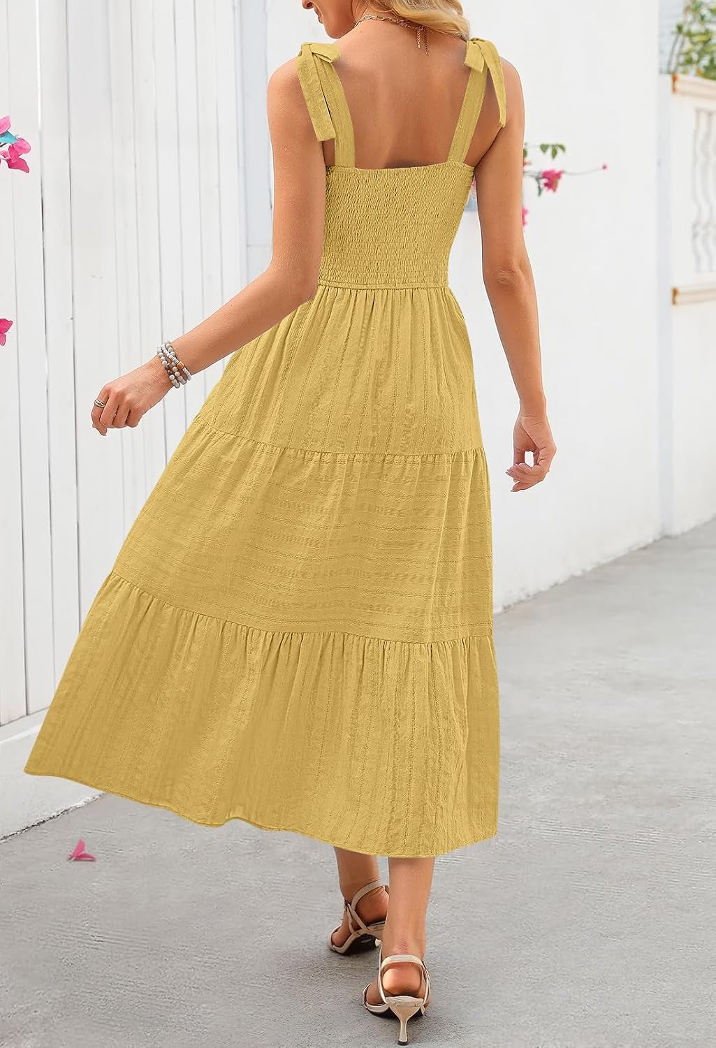 Womens Summer Boho Sleeveless Beach Vacation Maxi Sundress | Square Neck, Casual Cotton Long Tie Dresses, Spaghetti Strap, Smocked, a Line, Tiered Flowy Dress, High Waist, Side Pockets