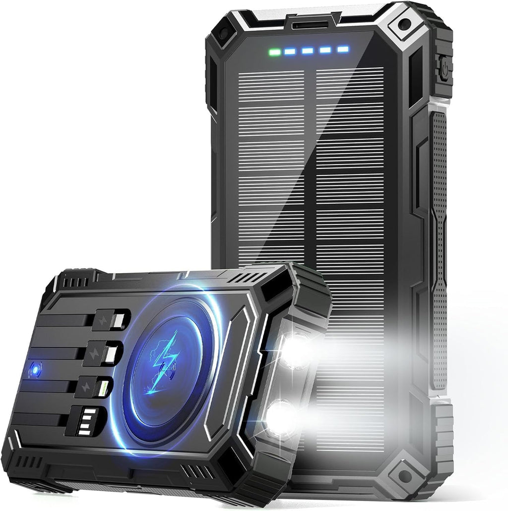 Solar Power Bank,49800Mah Portable Charger Wireless Charging USB-C 15W Fast Charging with 4 Built-In Cables LED Flashlight Battery Pack Compatible with Iphone, Ipad, Galaxy, Perfect for Camping/Hiking