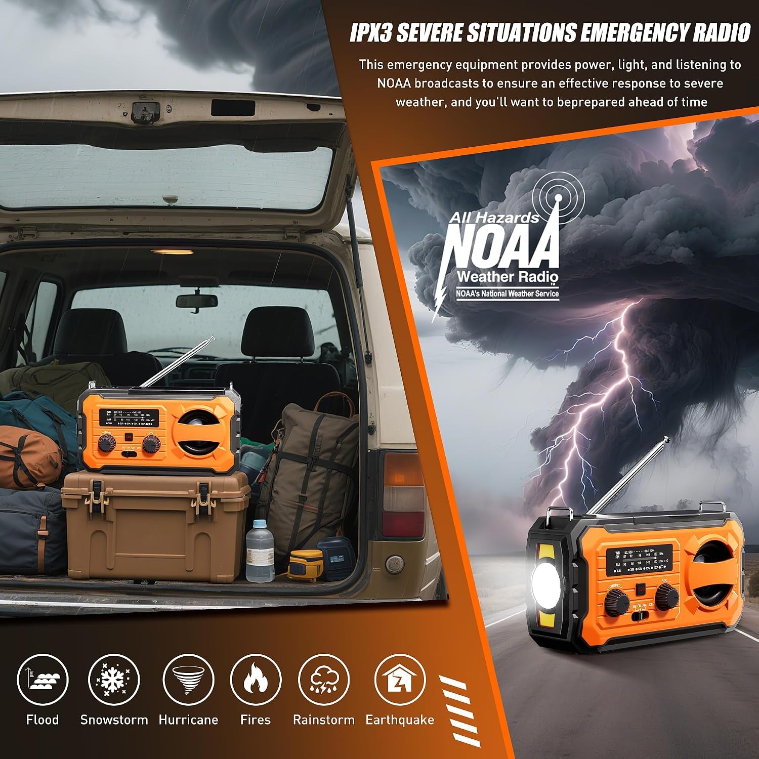 Hand Crank Emergency Radio 10000Mah Weather Radio with AM/FM/NOAA, Orange | Emergency Weather Radio with Solar Prower SOS Phone Charging LED Flashlight, Survival Gear for Outdoor Home Emergencies Kits