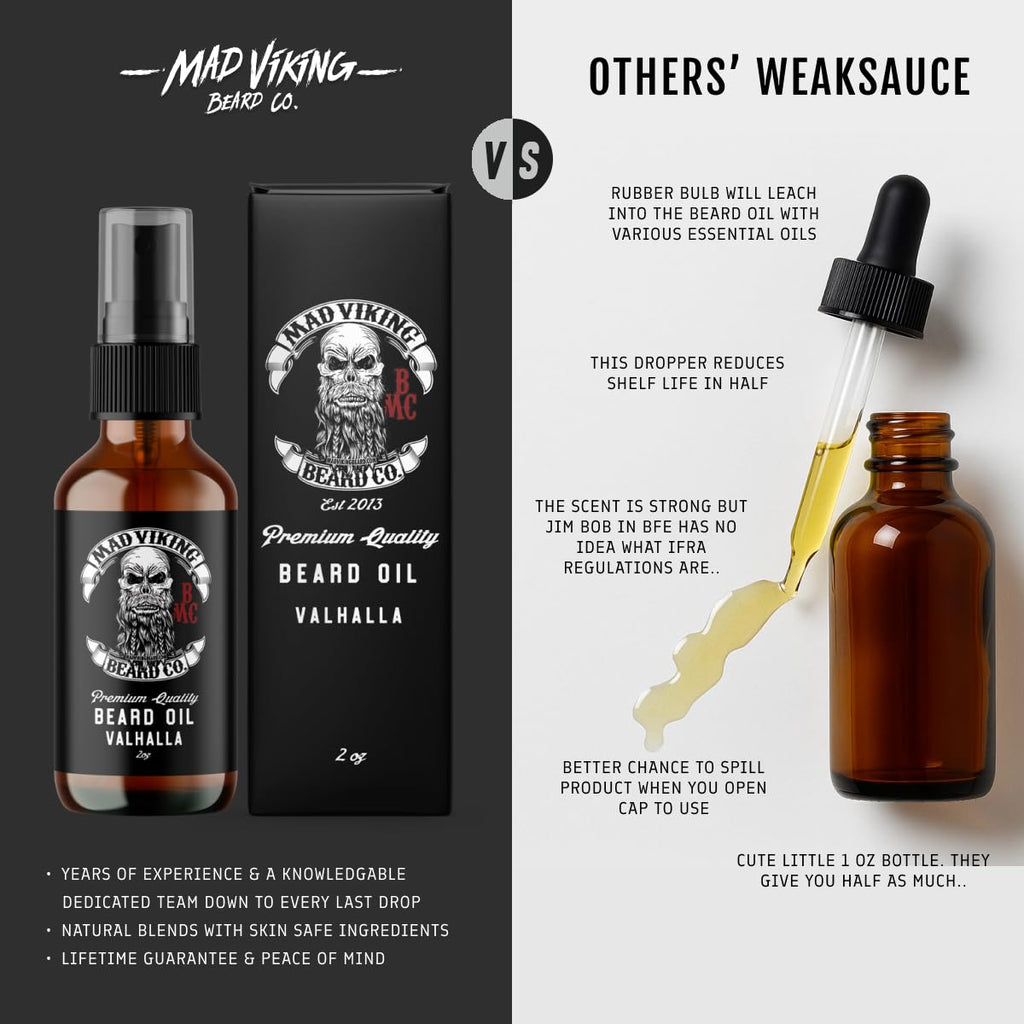 Mad Viking Valhalla Beard Oil - Hydrate, Soften and Grow Your Beard Naturally. Fight Itch and Dandruff with a Smooth Sandalwood & Vanilla Scent, Made in the USA - 2Oz | Hydrates Skin, Softens Coarse Beard Hair, and Helps Relieve Beard Itch with a Warm Sandalwood and Vanilla Fragrance.