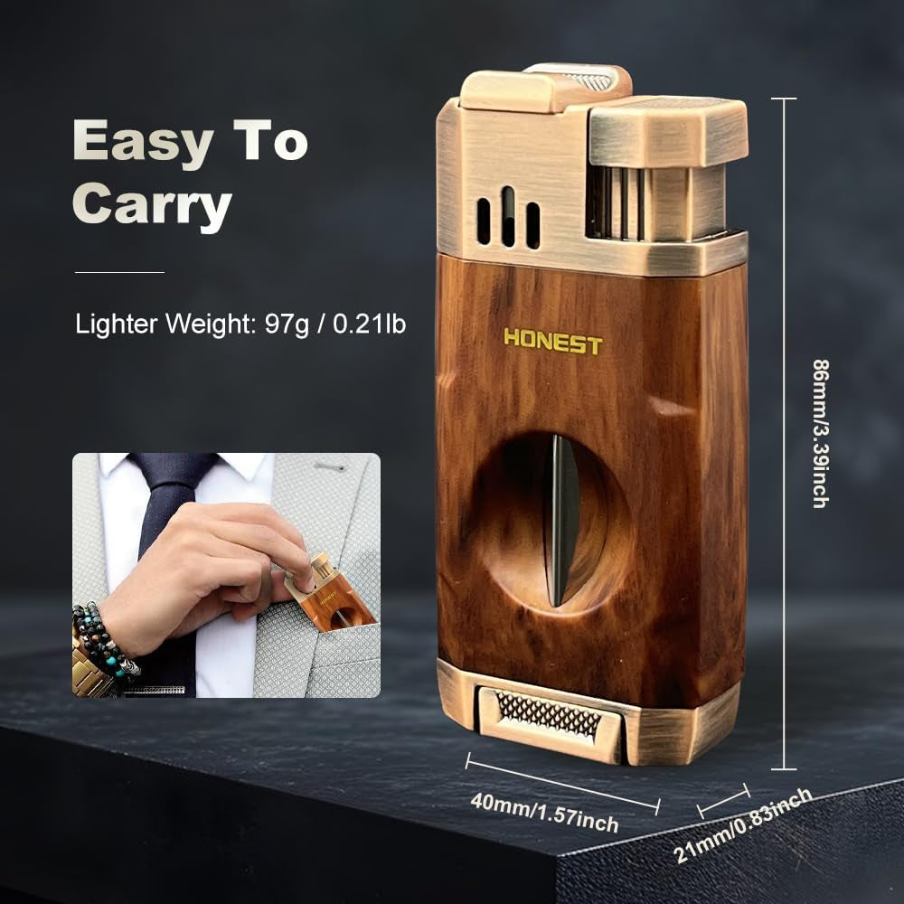All-In-One Windproof Outdoor Lighter with Dual Jet Flame Built-In Cutter, Butane Refillable and Flames Adjustable, Visible Gas Tank, Portable for Travel, Candle Lovers, Box Included