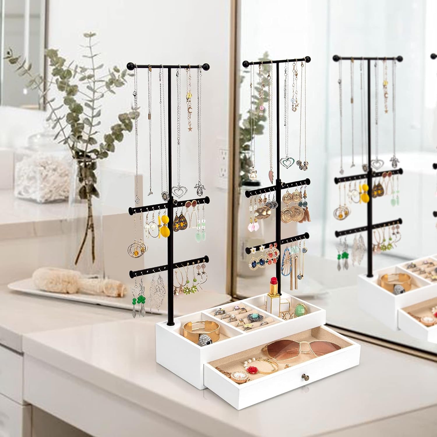Jewelry Organizer Stand Wood Basic Jewelry Drawer Storage Box with Double Rods & 6 Tier Jewelry Tree Stand Holder for Necklaces Bracelet Earring Ring Display(Vintage White)