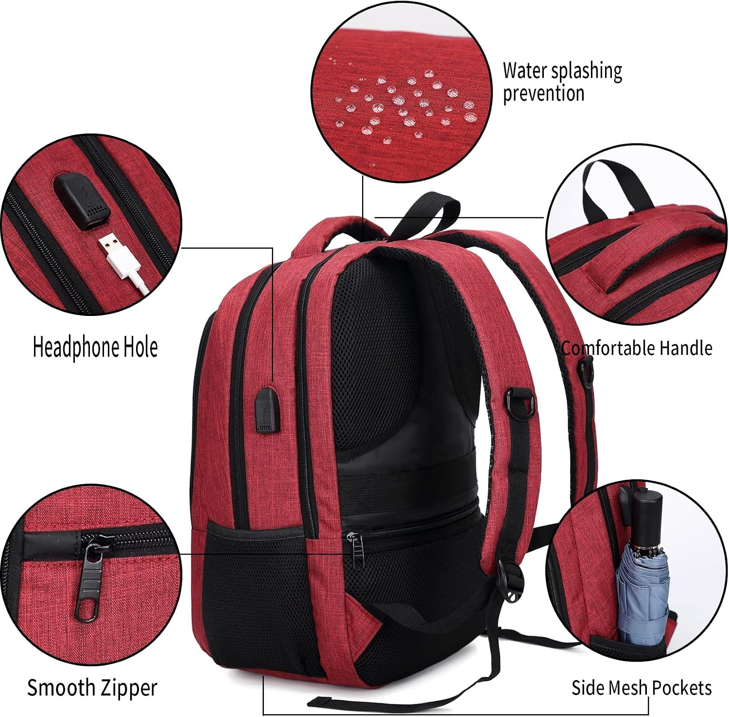 Travel Laptop Backpack anti Theft Backpacks with USB Charging Port, Travel Backpacks Business Work Bag 15.6 Inch College Computer Bag for Men Women, Red