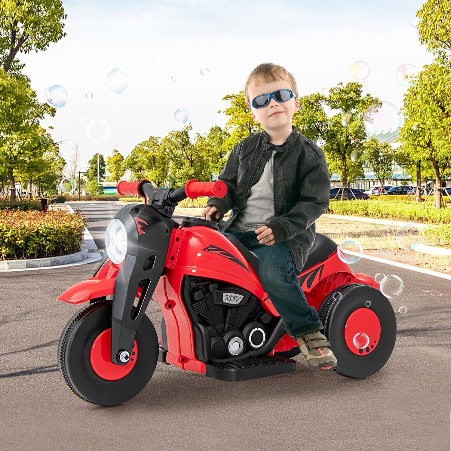 Kids Motorcycle, 6V Electric Ride on Car with Automatic Bubble Function, Foot Pedal, Headlight, Music, 3 Anti-Skip Wheels Vehicle for Children, Toddler Ages 3+