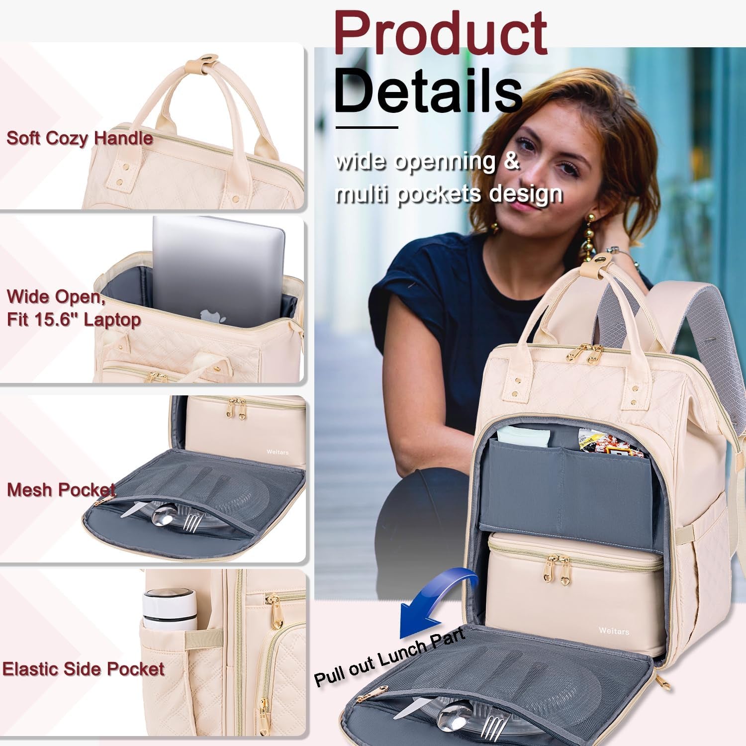 Lunch Backpack for Women,15.6 Inch Laptop Backpacks for Womens Back Pack, Travel Backpacks,Work Back Packs for Women (Beige)