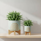 Arch Ceramic Planters with Wooden Stand for Home Decor Flower Pots for Living Room, Entryway, Patio, and Garden - Raised Plant Pots Fo Indoor and Outdoor Plants - Set of 2, 11", 7", Green & Tan