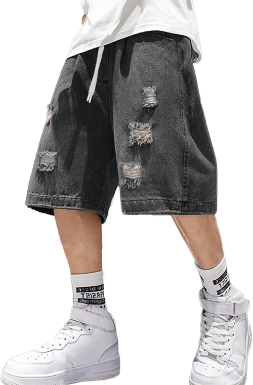 Baggy Jean Shorts Men, Y2K Jorts Cargo Ripped Elastic Waist, Mens Denim Shorts Comfy Casual Streetwear Summer