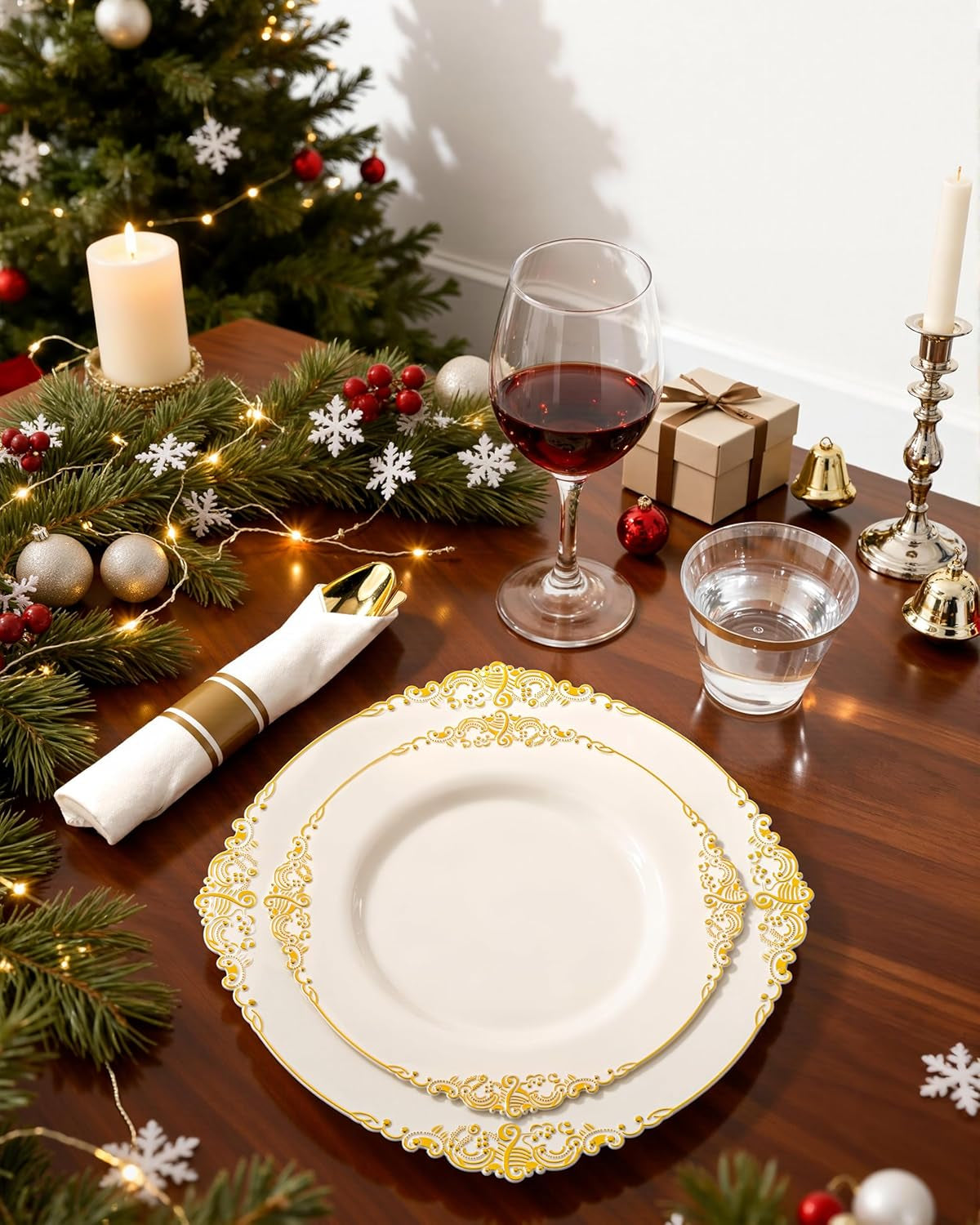 350PCS Ivory Plastic Plates - Ivory Gold Plastic Dinnerware Sets for 50 Guests - 100 Gold Disposable Plates, 50 Pre Rolled Silverware Sets, 50 Cups Perfect for Wedding & Thanksgiving