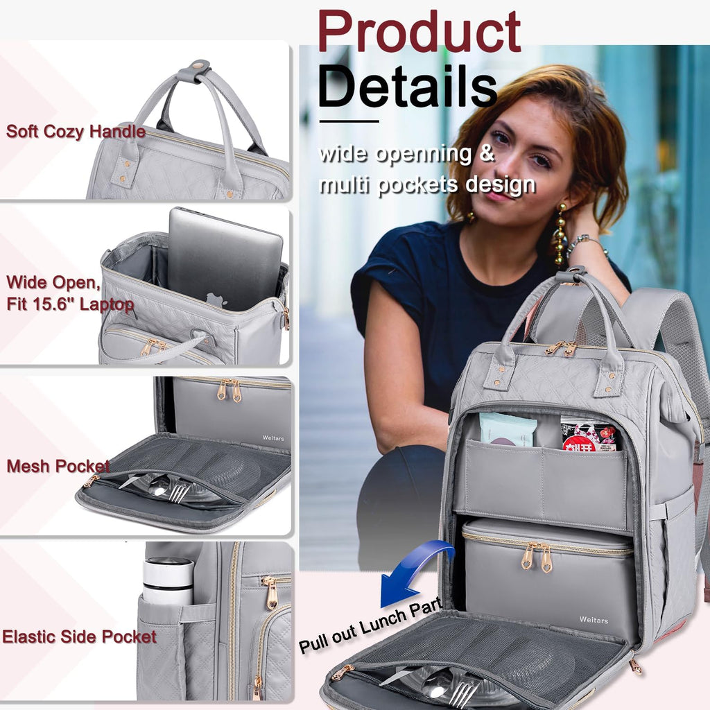 Lunch Backpack for Women,15.6 Inch Laptop Backpacks for Womens Back Pack, Travel Backpacks,Work Backpack for Women (Gray)