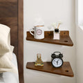 Floating Nightstand Set of 2 Walnut Bedside Shelf for Small Spaces | Wall Mounted Bedside Table with Cable Hole, Wooden Versatile Storage Organizer for Bedroom, Trapezoidal Design, Space Saving