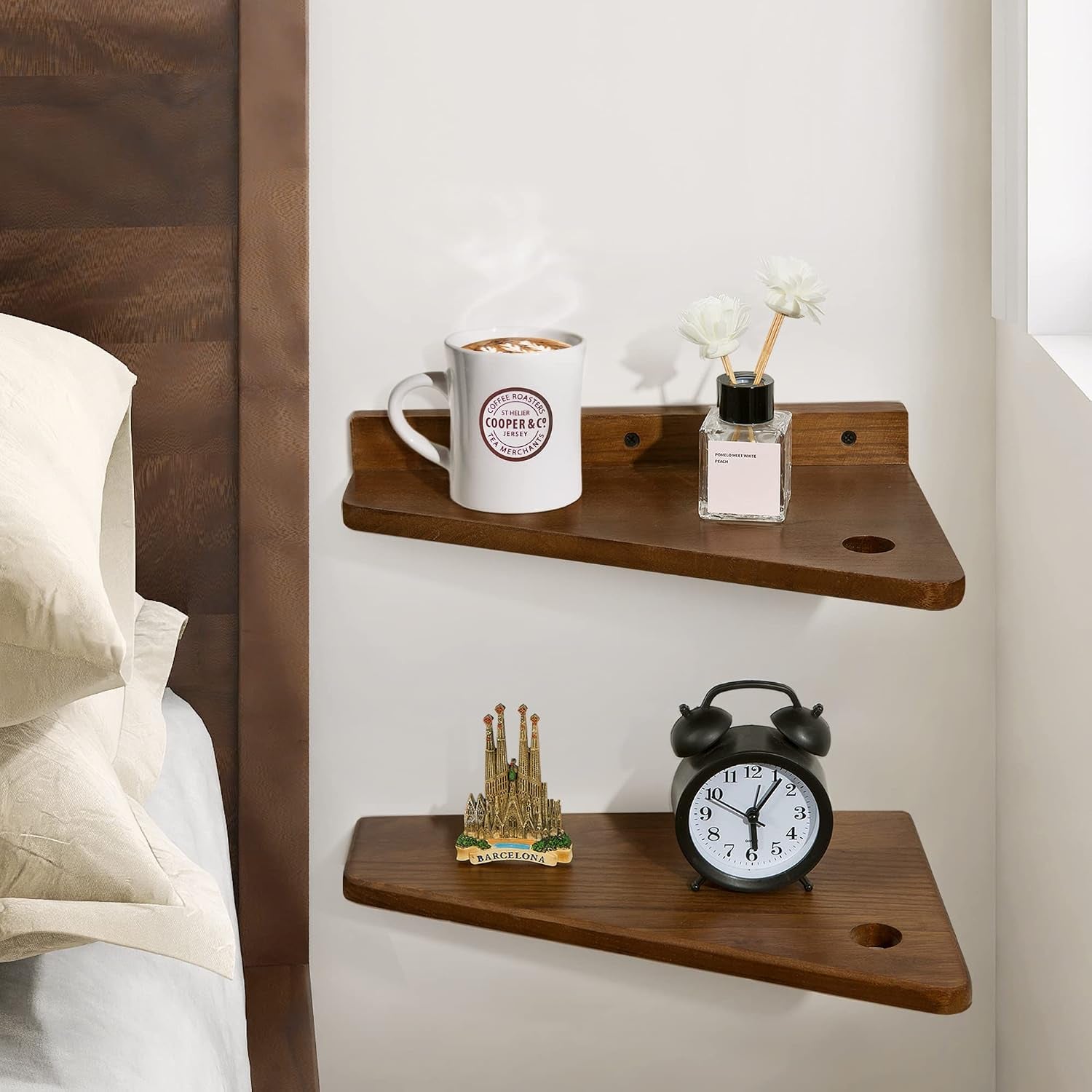 Floating Nightstand Set of 2 Walnut Bedside Shelf for Small Spaces | Wall Mounted Bedside Table with Cable Hole, Wooden Versatile Storage Organizer for Bedroom, Trapezoidal Design, Space Saving