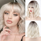 Short Platinum Blonde Wavy Wig with Bangs,Dark Roots Short White Blonde Wig for Women,Middle Part Cosplay Blonde Wigs Natural Looking for Daily Use