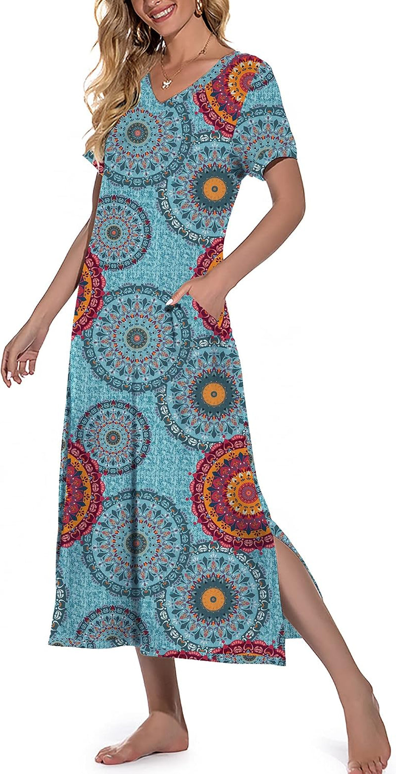 Nightgowns for Women Long Nightshirt Short Sleeve House Dress | Full Length Night Gown,Breathable and Stretchy Fabric,Ladies Sleep Dress,Soft Sleepwear