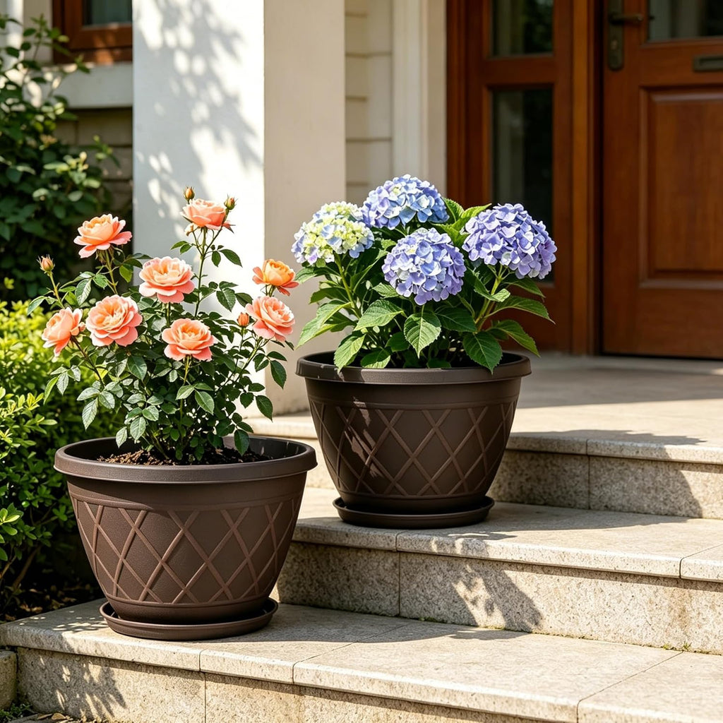 6 Pack 8 Inch Plant Pots, Planters with Drainage Holes & Saucers | Modern Imitation Faux-Fence Texture Plastic Flower Pots for Indoor & Outdoor Plants, Succulents, Flowers, and Herbs (Brown)