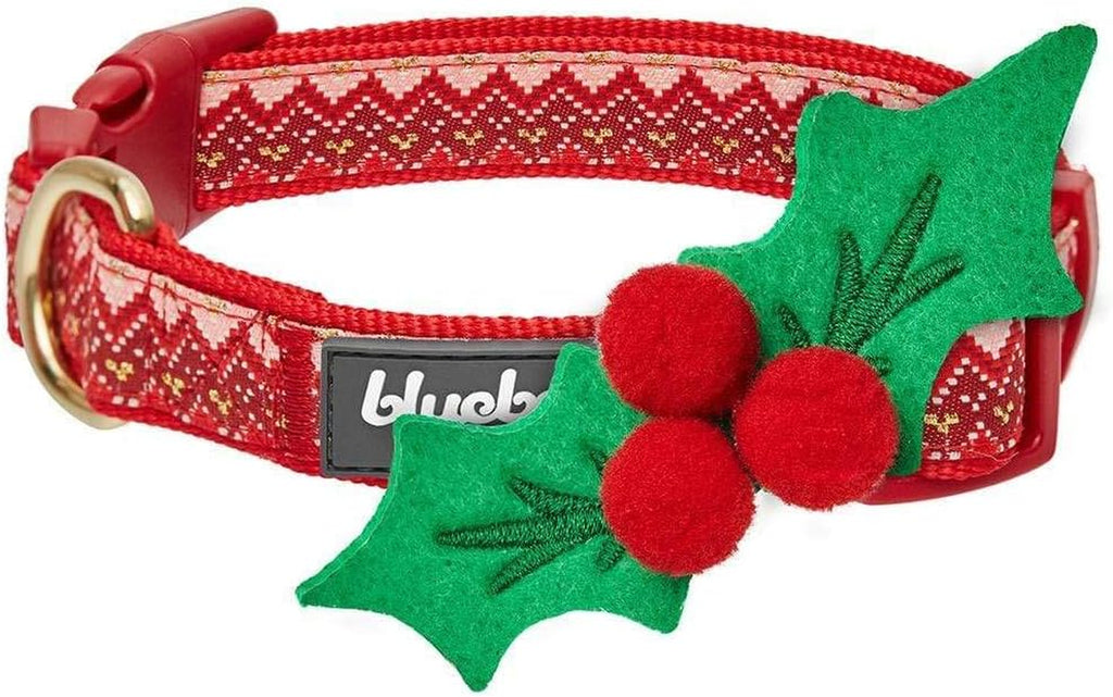 Christmas Dog Collar for Small Dogs, Festive Chevron Design with Detachable Holly Décor & Bow, Adjustable Neck 12"-16"