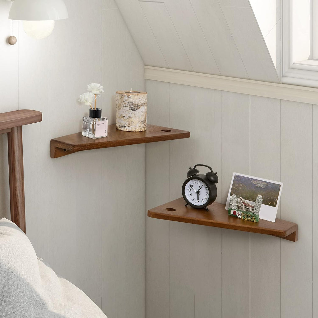 Floating Nightstand Set of 2 Walnut Bedside Shelf for Small Spaces | Wall Mounted Bedside Table with Cable Hole, Wooden Versatile Storage Organizer for Bedroom, Trapezoidal Design, Space Saving