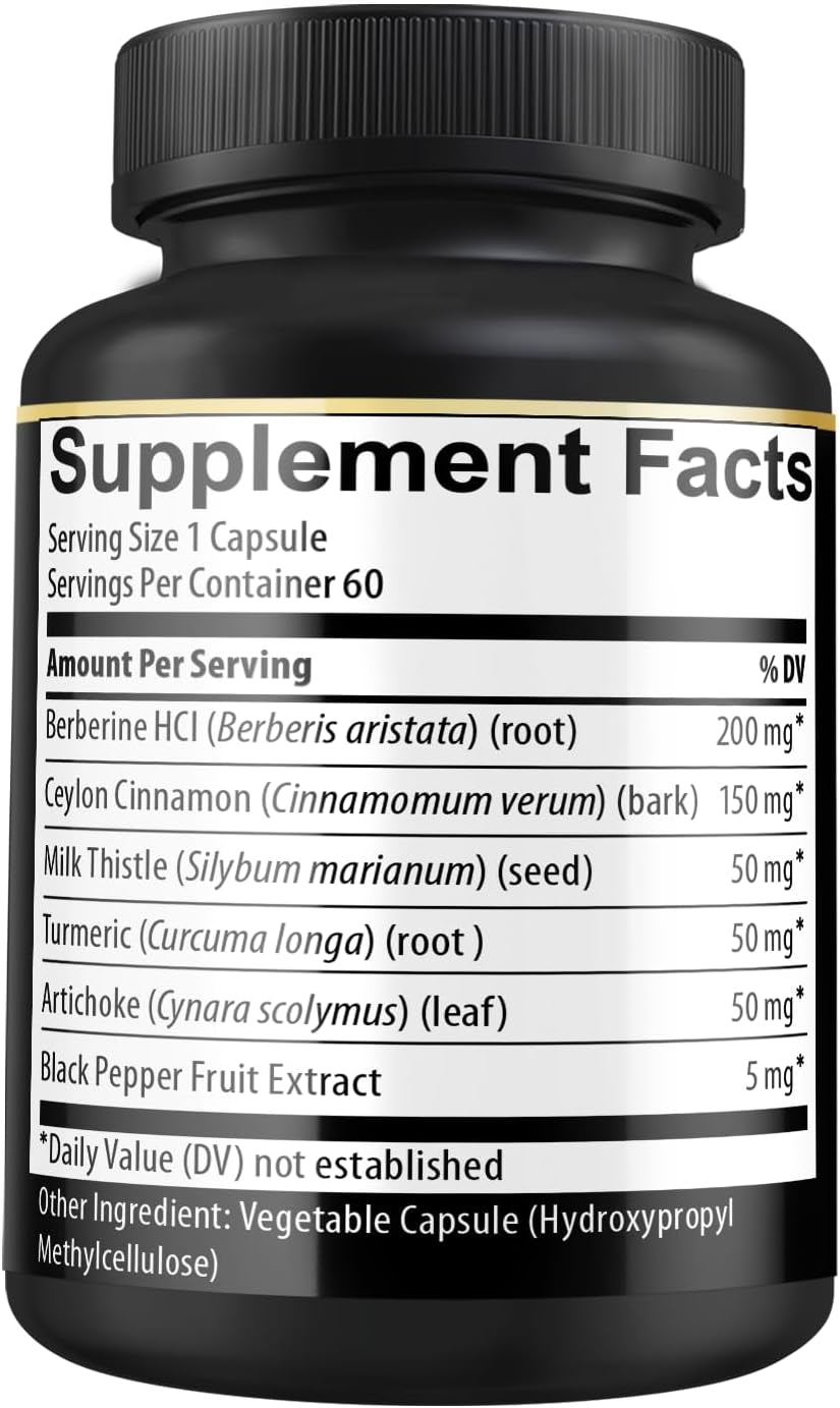 Berberine Supplement with Ceylon Cinnamon, Turmeric, Artichoke, Milk Thistle - Berberine Hcl Supplement Pills - 60 Capsules [2-Month Supply]