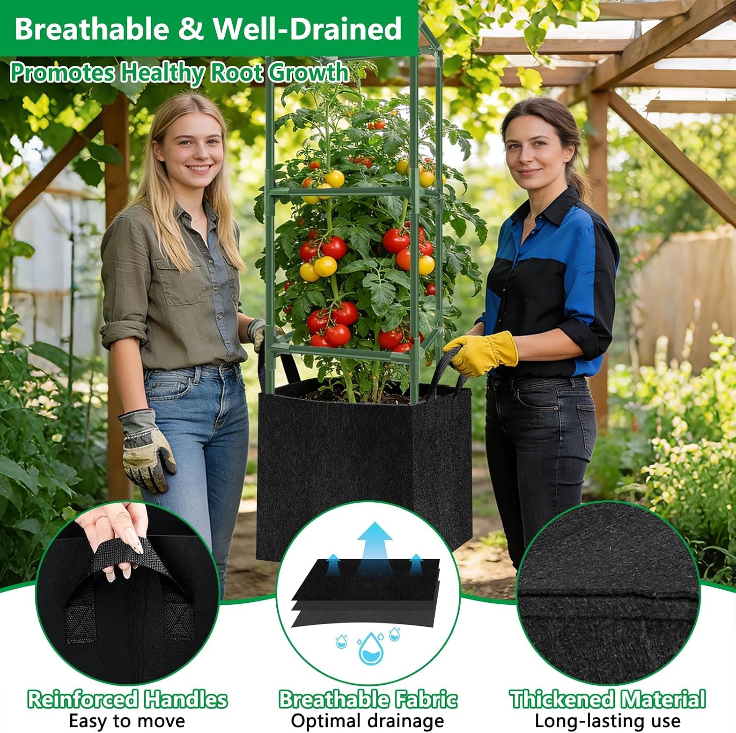 3 Sets 49'' Square Tomato Cages with 18-Gallon Grow Bags for Garden | Heavy-Duty Steel Trellis Kit, Support Towers with Stakes, for Tomatoes, Cucumbers, Peppers, Climbing Vegetables & Flowers