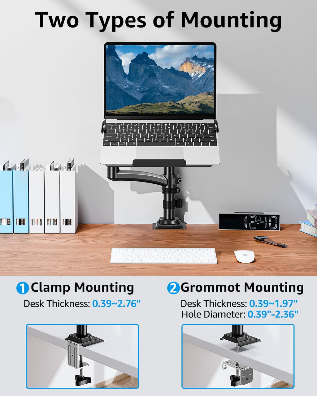 Laptop Desk Mount, Adjustable Laptop Stand for Max 17" Notebook or 32" Monitor, Laptops Arm Mount for Desk Holds 4.4-22Lbs, Tall Laptops Stand with Clamp/Grommet