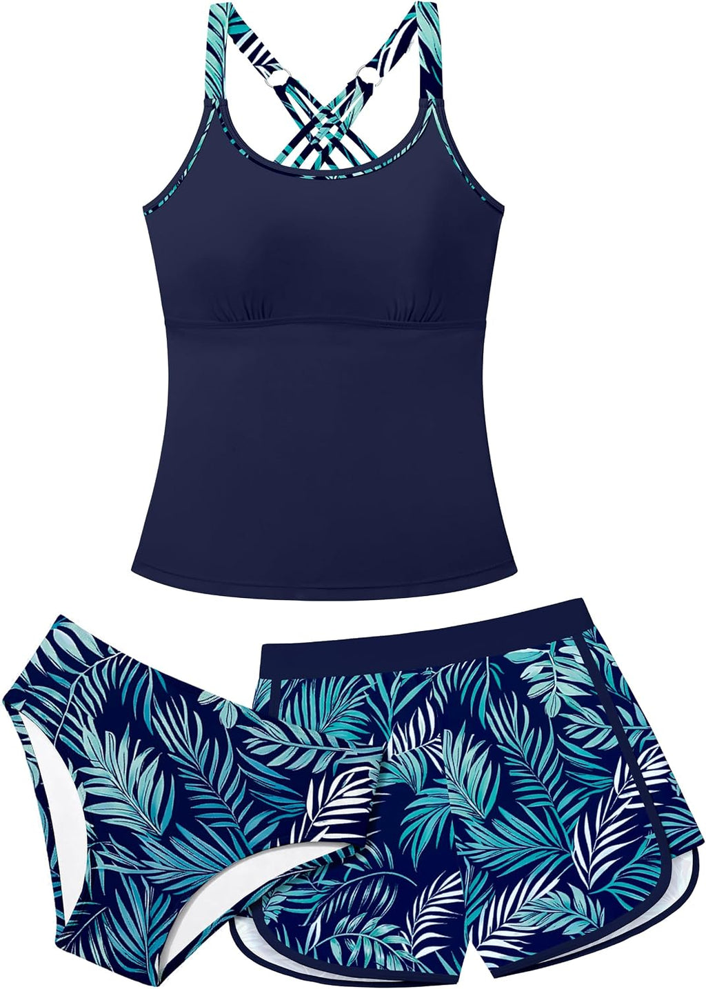 Girls Swimsuit 3 Piece Bathing Suits for Girls Tankini Sets with Print Shorts Crossback Teen Girl Swimwear 9-16Y