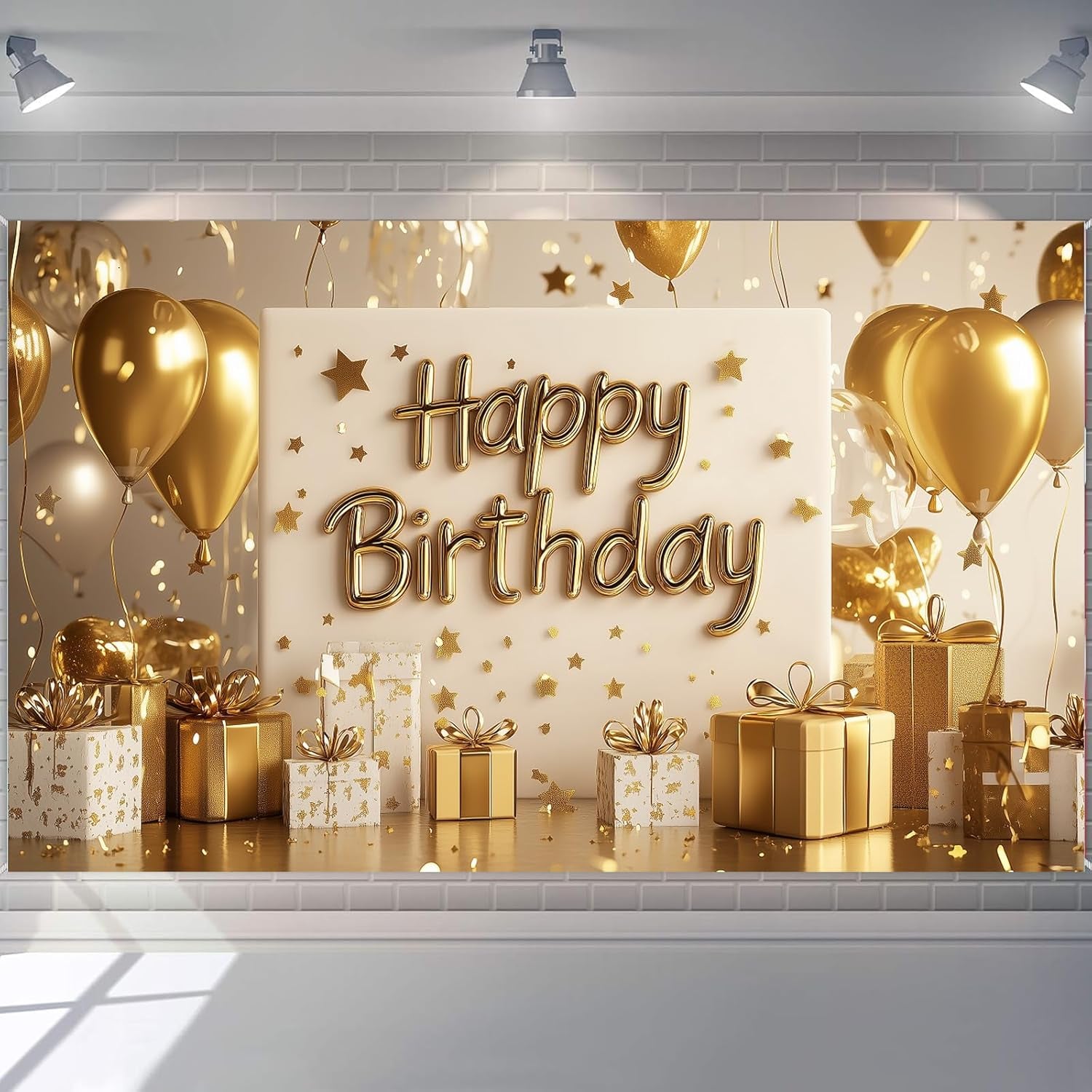 Gold Happy Birthday Backdrop Banner White and Gold Background for Women Glitter Star and Balloon Photography Backdrop for Birthday Table Wall Decoration Party Supplies 72.8 X 43.3 Inch
