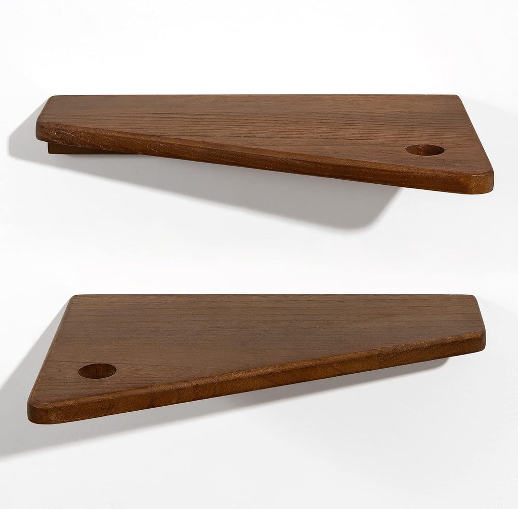 Floating Nightstand Set of 2 Walnut Bedside Shelf for Small Spaces | Wall Mounted Bedside Table with Cable Hole, Wooden Versatile Storage Organizer for Bedroom, Trapezoidal Design, Space Saving