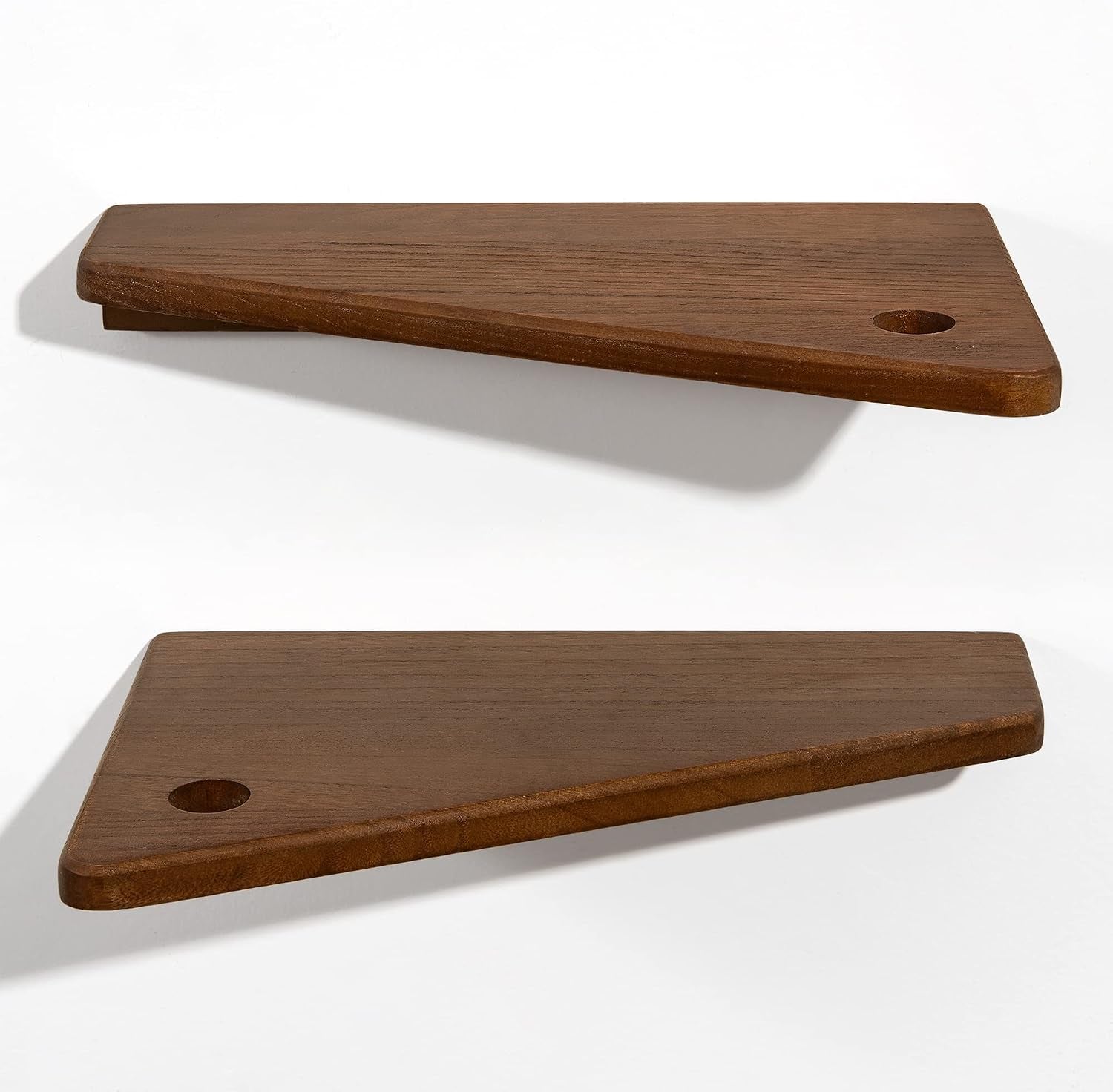 Floating Nightstand Set of 2 Walnut Bedside Shelf for Small Spaces | Wall Mounted Bedside Table with Cable Hole, Wooden Versatile Storage Organizer for Bedroom, Trapezoidal Design, Space Saving