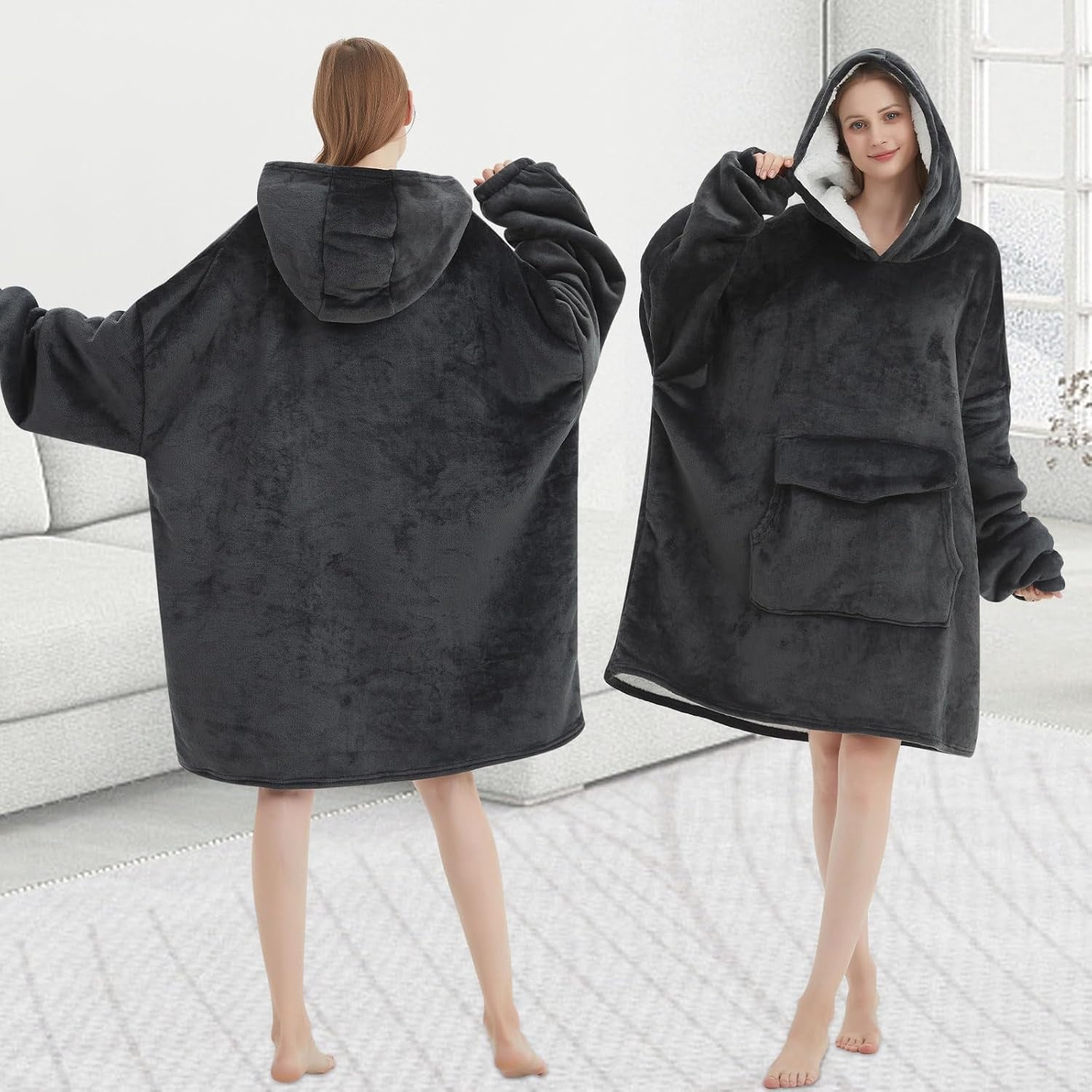 Wearable Blanket Hoodie for Adult,Oversized Sherpa Fleece Blanket Hoodie for Women Men,Grey