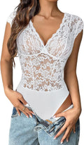 Lace Bodysuits for Women Sexy V Neck Sheer Bodysuit Tops Snap Crotch One Piece Teddy