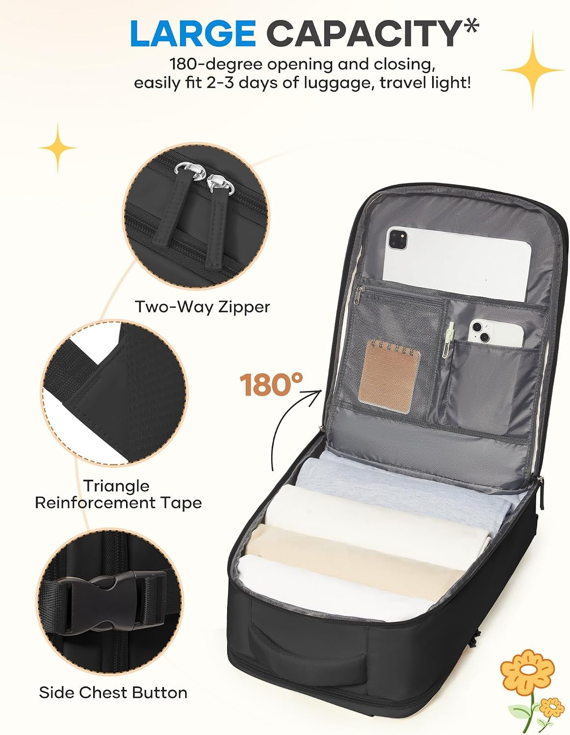 Large Black Travel Backpack for Women Men Airline Approved Carry on Backpack Flight Approved Waterproof Sports Luggage Backpacks Casual Daypack Small Hiking Backpacks