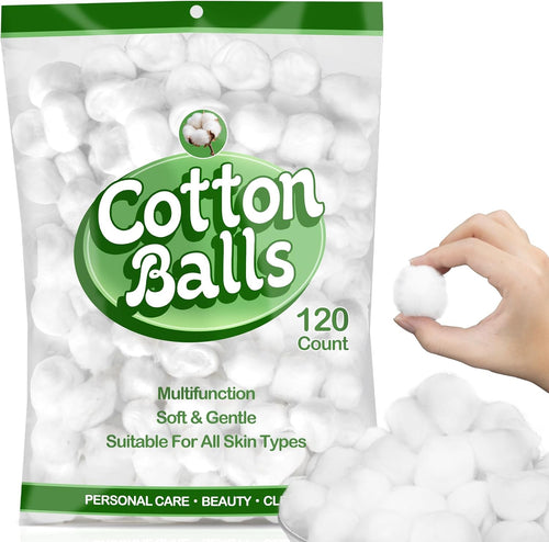 120 Count Cotton Balls Bulk - Cottonballs Medium Size Pure | White Cotton Ball for Face Makeup Nail Polish Remover Pet Care DIY Craft Real Soft and Absorbent for Skincare & Ears Cleaning