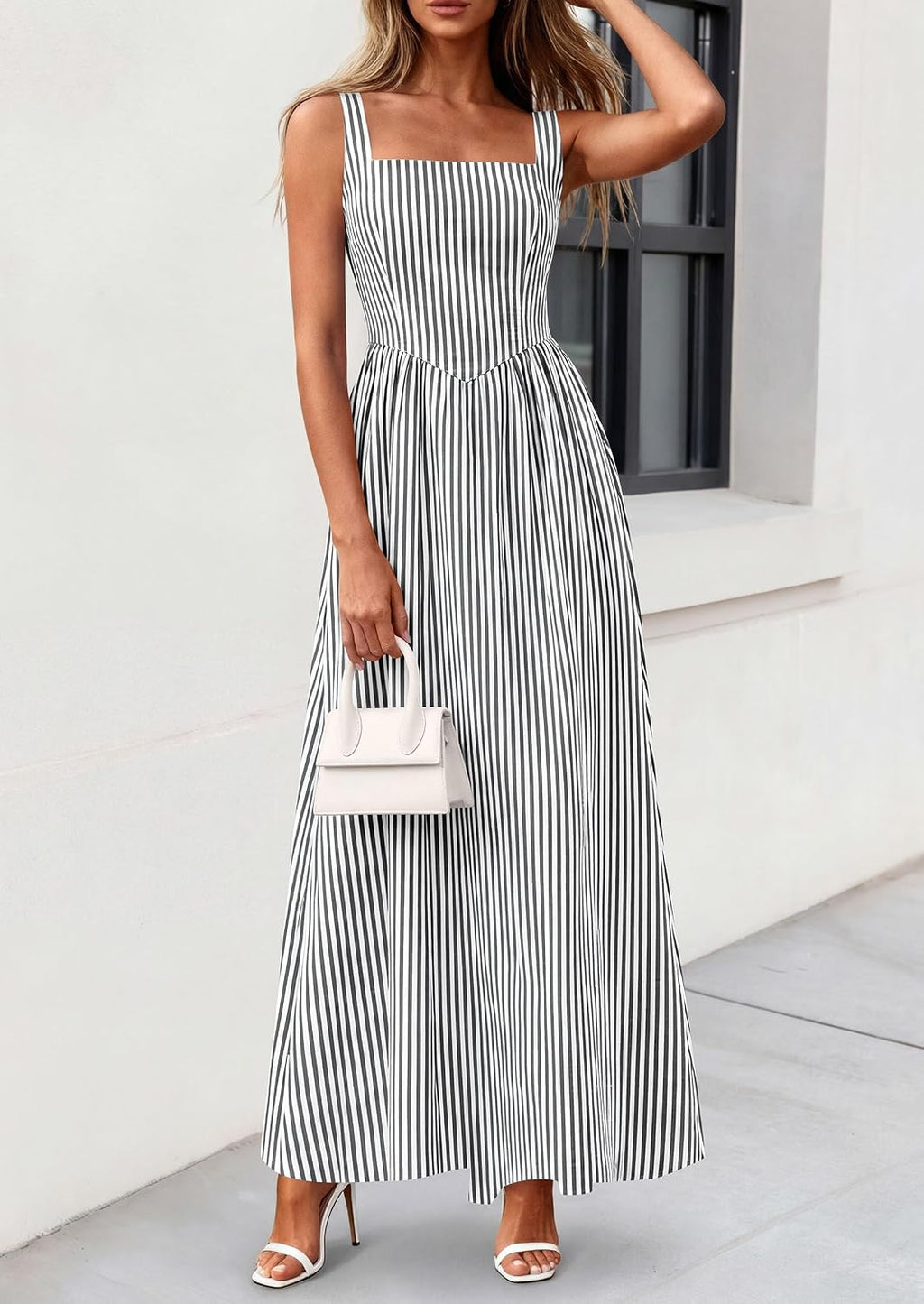 Women'S Maxi Dress Summer Striped Sundress | Sleeveless Square Neck, Long Flowy a Line, Smocked Back, Pockets, Casual Spring Outfits for Beach Vacation, Resort, Party