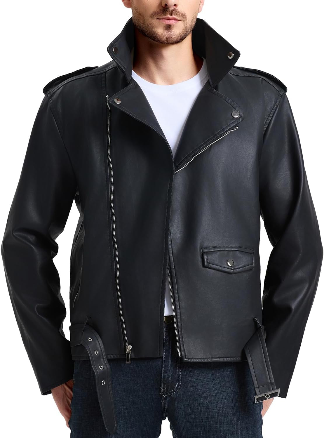 Men'S Leather Jackets, Faux Bomber Jacket for Men Motorcycle Lapel Asymmetric Zip-Up Slim Fit Biker Coat