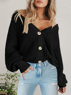 Women'S Chunky Knit Open Front Cardigan Sweaters Fall Outfits | V Neck Button Loose Short Cardigan Outerwear Coats, Slouchy Drop Shoulder Loose Cute Sweaters, Fall Clothes for Work & Office