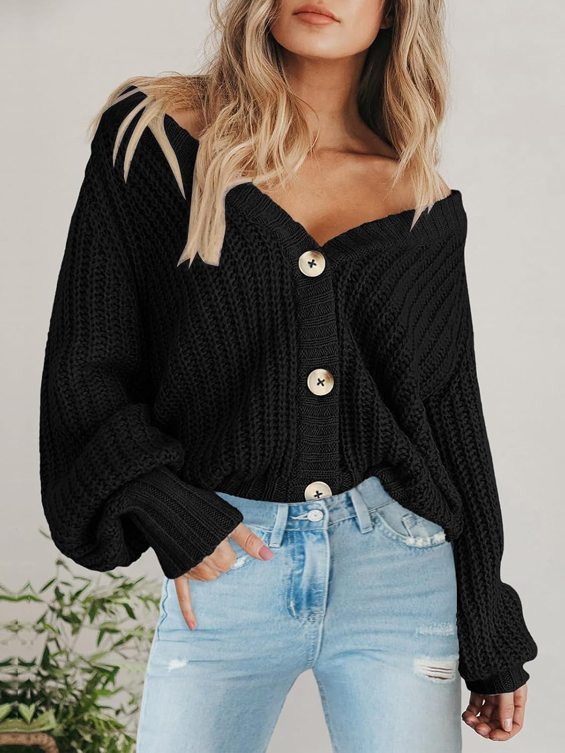 Women'S Chunky Knit Open Front Cardigan Sweaters Fall Outfits | V Neck Button Loose Short Cardigan Outerwear Coats, Slouchy Drop Shoulder Loose Cute Sweaters, Fall Clothes for Work & Office