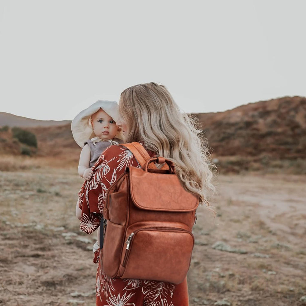 Leather Diaper Bag Backpack with Changing Mat | Travel Backpack Waterproof & Insulated Large Nappy Bag Stroller Straps, 13.8X8X18 Inch (Pack of 1), Travel Backpacks